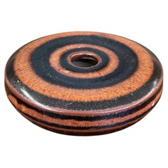 Signed Hank Greer Studio Pottery Donut Vase with Brown and Black Oxide Rings.