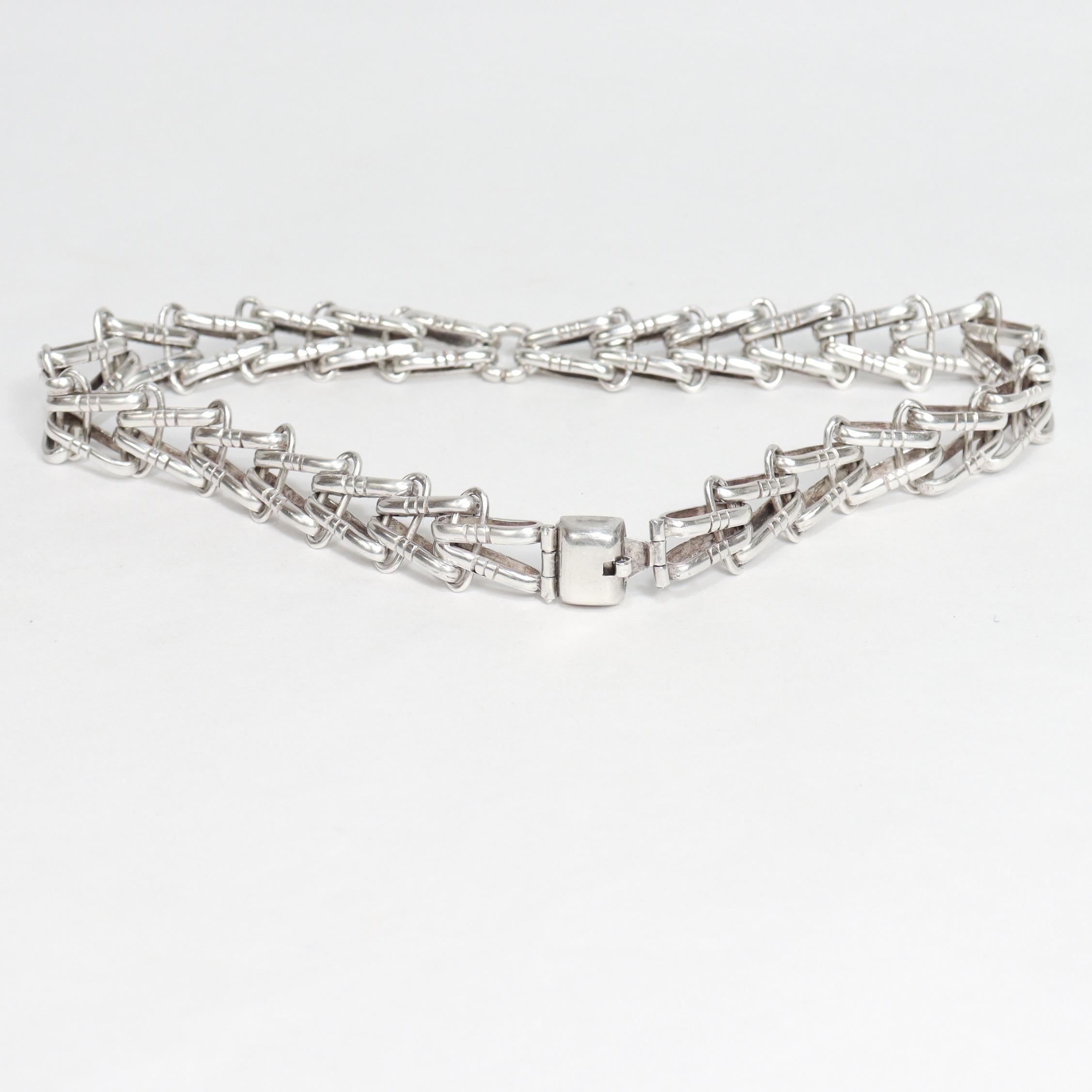Signed Hector Aguilar Mexican Sterling Silver Bicycle Chain Link Choker Necklace For Sale 8