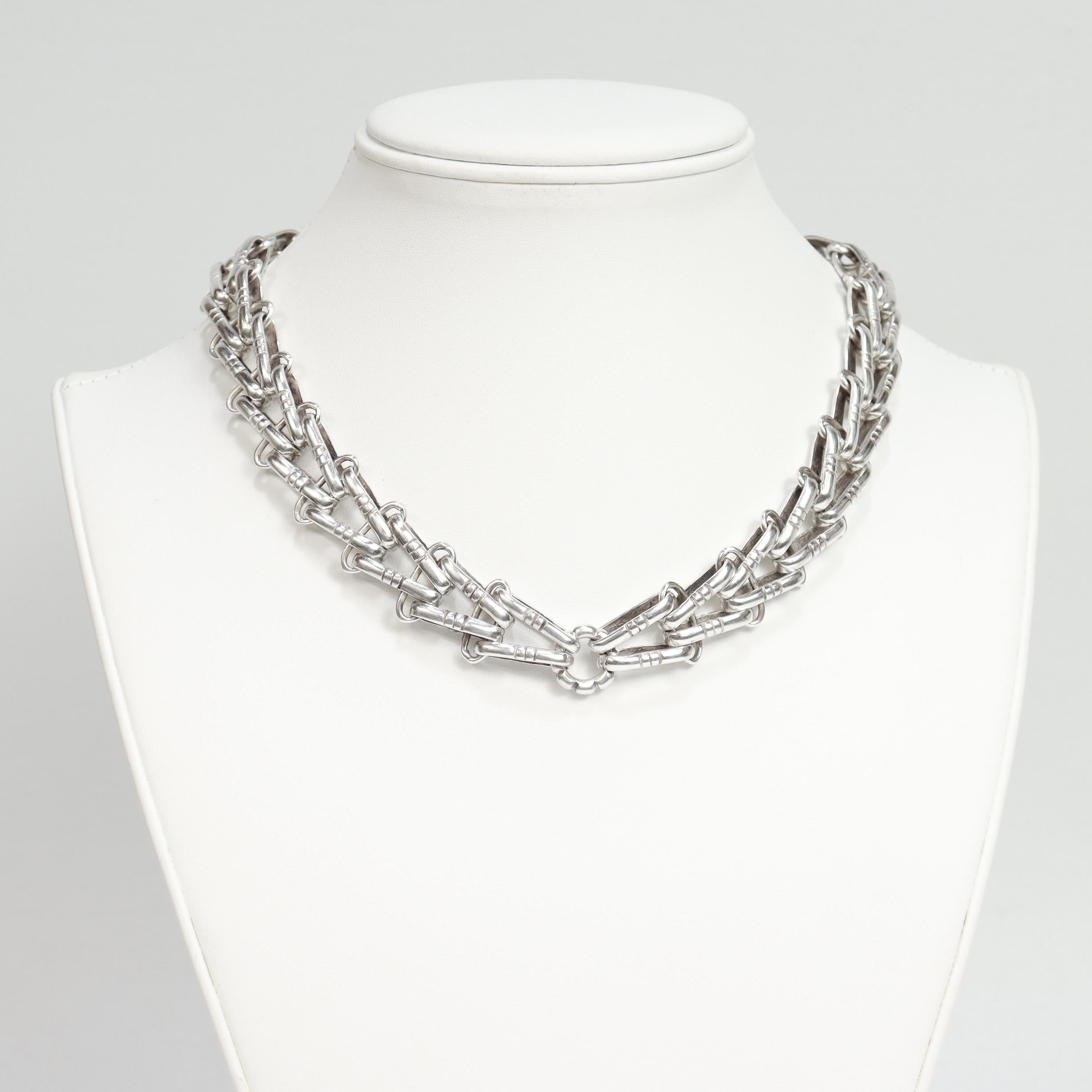Women's or Men's Signed Hector Aguilar Mexican Sterling Silver Bicycle Chain Link Choker Necklace For Sale