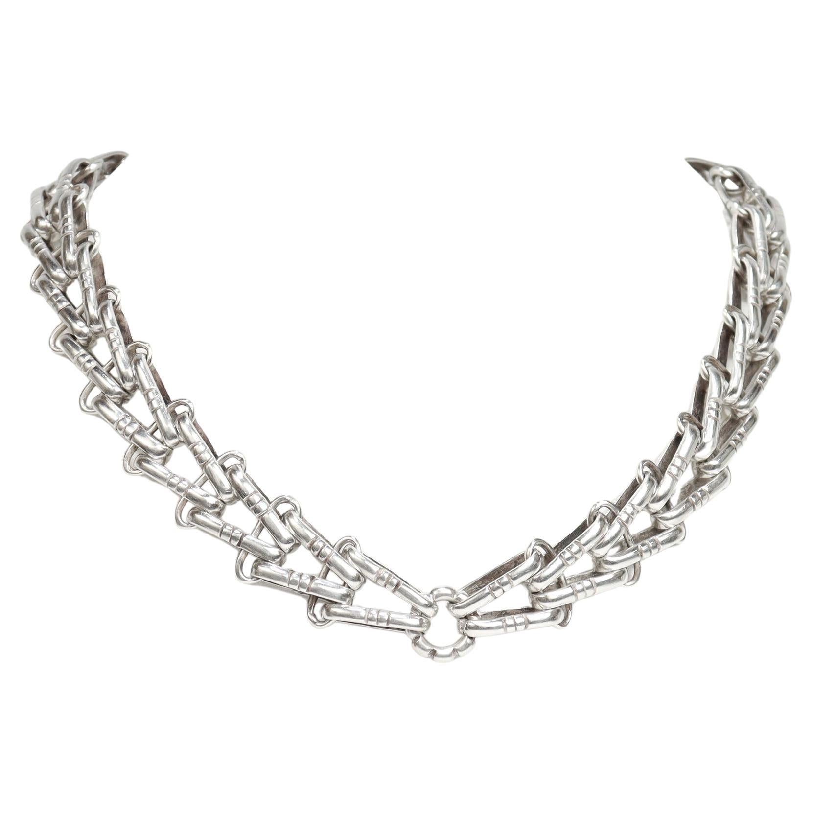 Signed Hector Aguilar Mexican Sterling Silver Bicycle Chain Link Choker Necklace For Sale