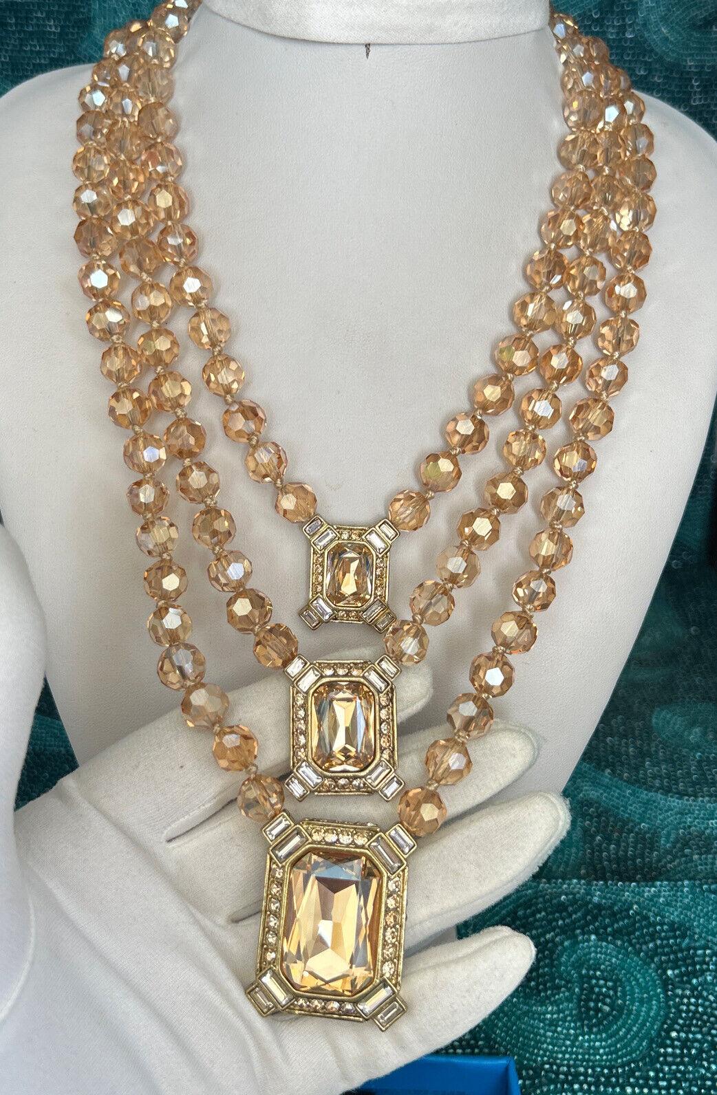 Modern Signed HEIDI DAUS Designer Golden Crystal 3 Strand Vintage Necklace NIB For Sale