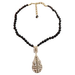 Signierte HEIDI DAUS Designer Vintage-Halskette mit schwarzen Perlen und Kristall-Anhänger, signiert