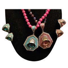 Signed HEIDI DAUS Designer Vintage Enamel Crystal Pendant Necklaces and Earrings