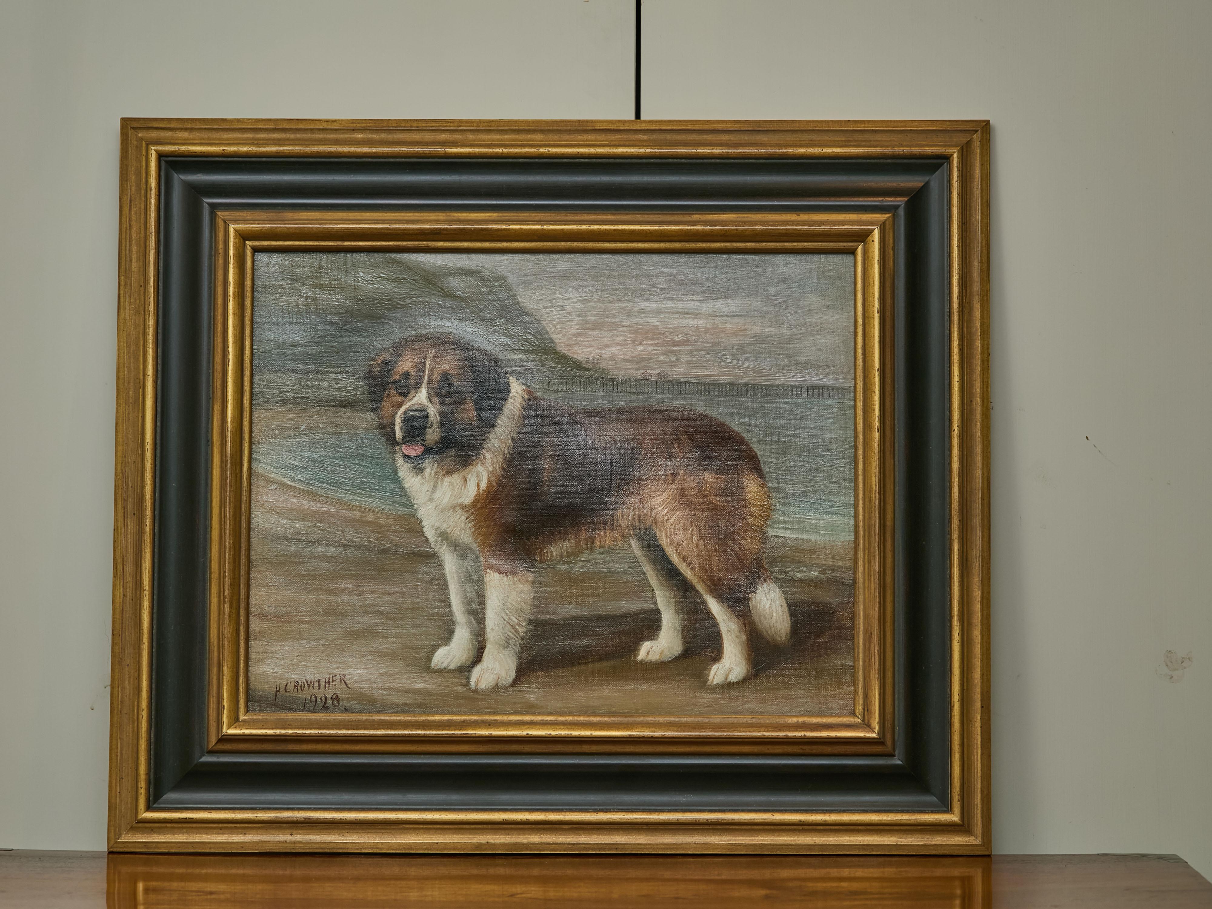 Un dipinto inglese a olio su tela del 1928 firmato da Henry Crowthers e raffigurante un cane San Bernardo. Questo coinvolgente dipinto a olio su tela del 1928 dell'artista inglese Henry Crowther cattura la presenza imponente ma gentile di un cane