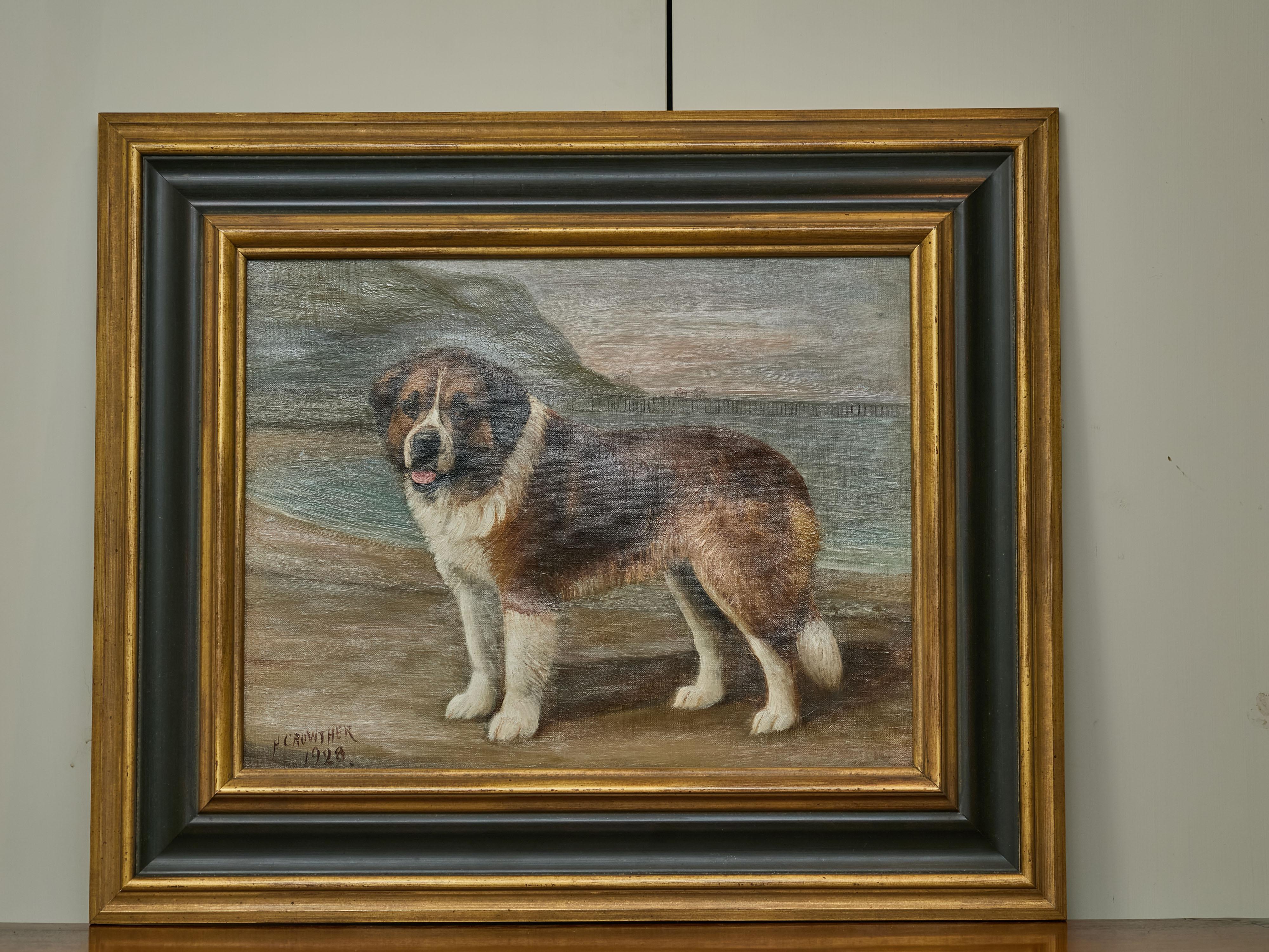 XX secolo Olio su tela di Henry Crowther, dipinto di un cane San Bernardo, firmato in vendita