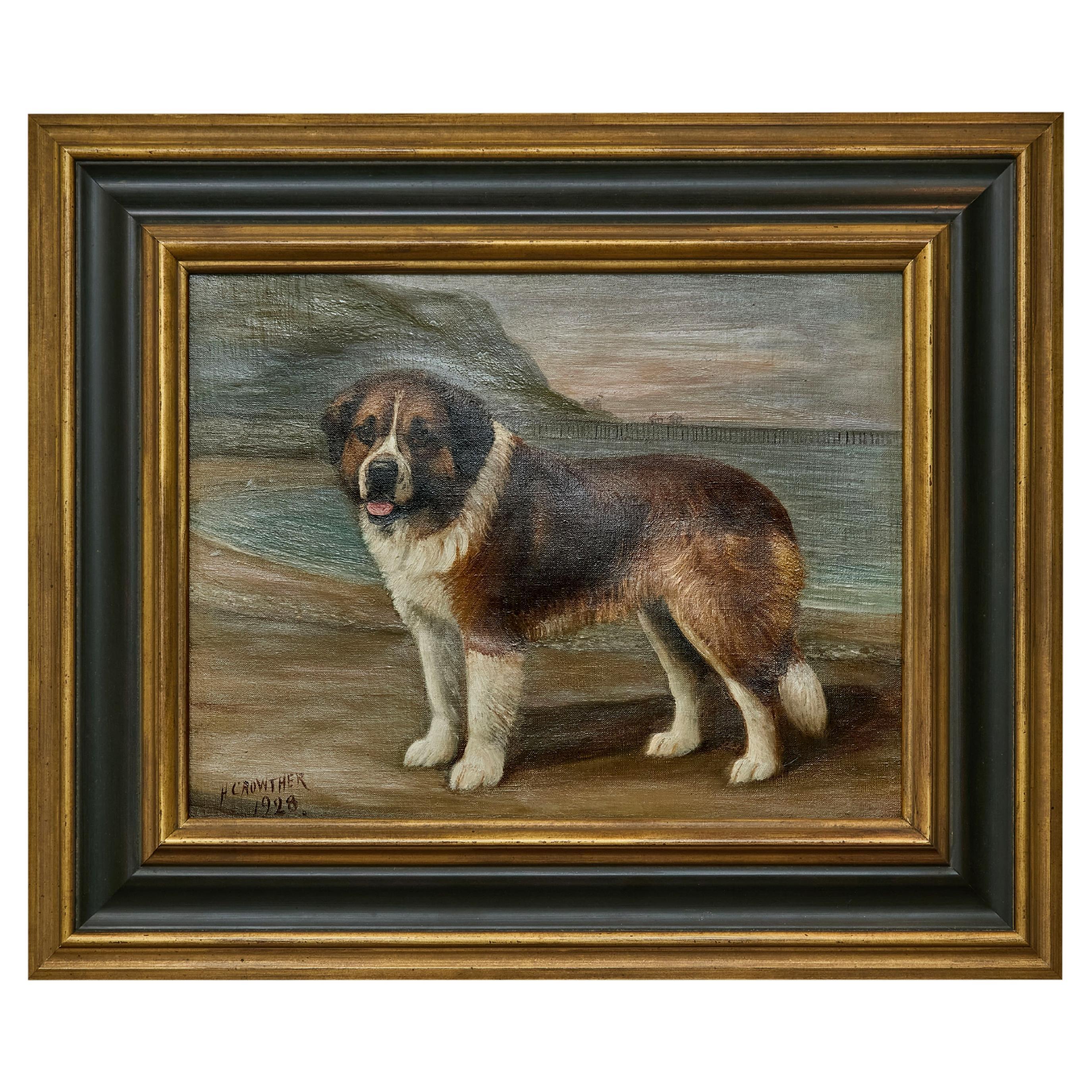 Signed Henry Crowther English Oil on Canvas Painting of a Saint Bernard Dog