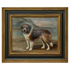 Signed Henry Crowther English Oil on Canvas Painting of a Saint Bernard Dog