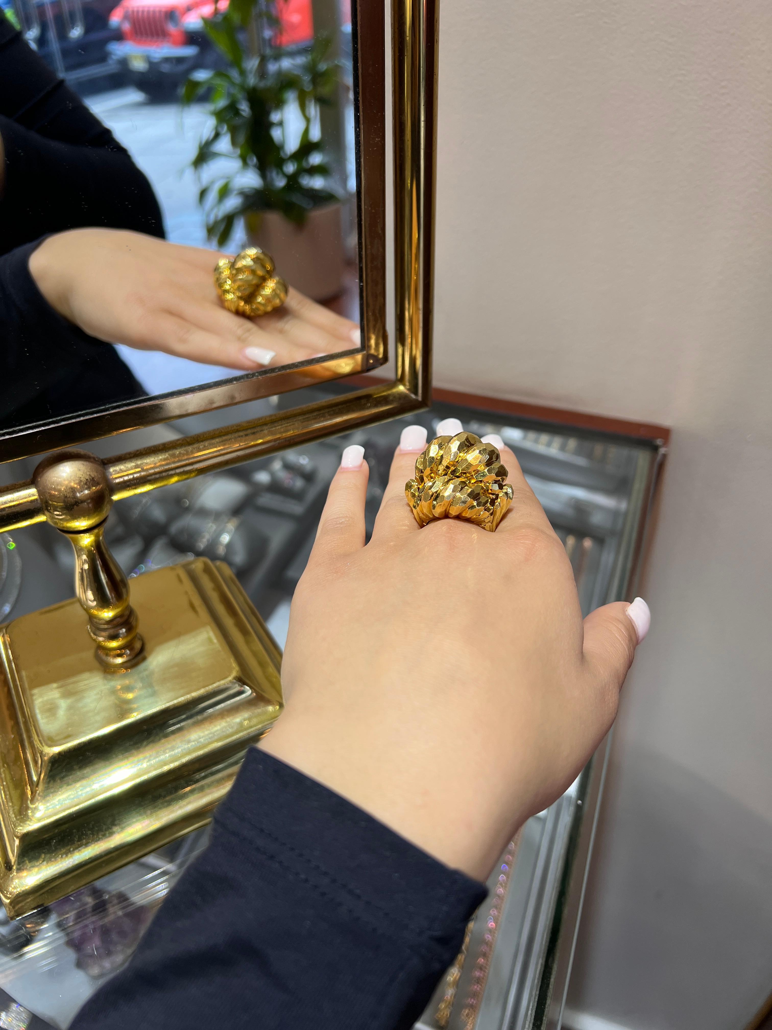 Modernist Signed Henry Dunay Very Large Heavy 18k Gold Hammered Textured Statement Ring For Sale