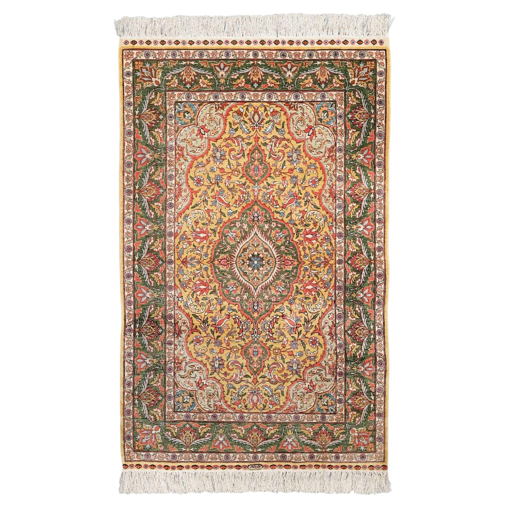 Antique Signed Hereke Silk Rug - Mid 20th Century