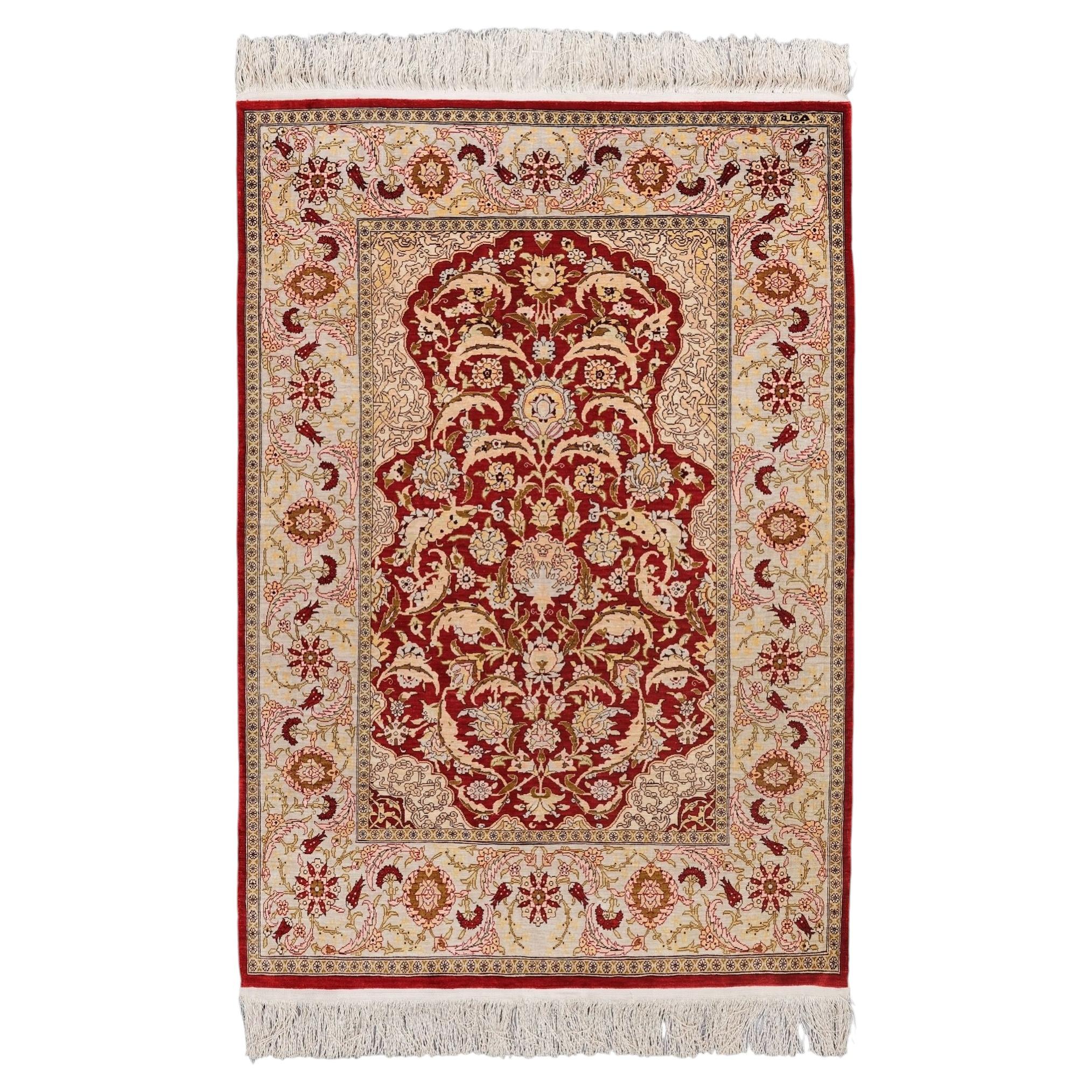 Antique Signed Hereke Silk Rug - Mid 20th Century For Sale