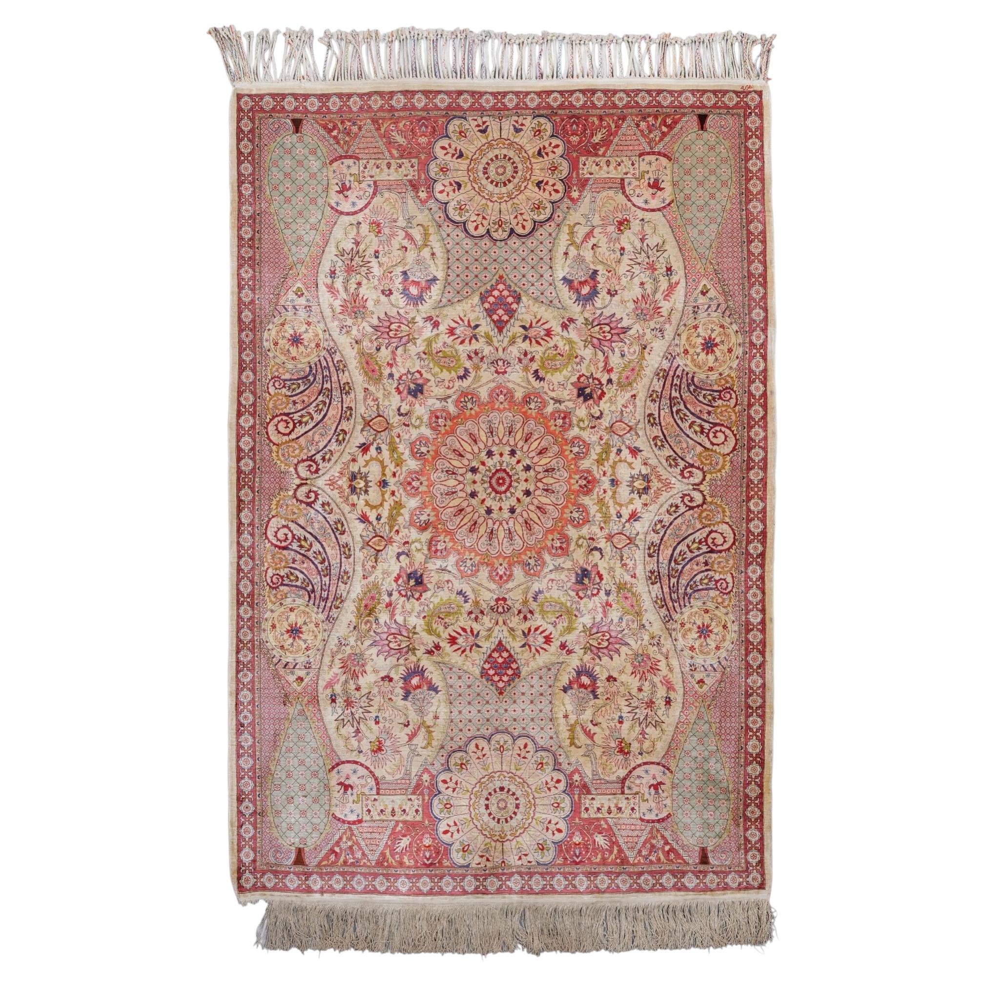 Antique Signed Hereke Silk Rug - Mid 20th Century For Sale