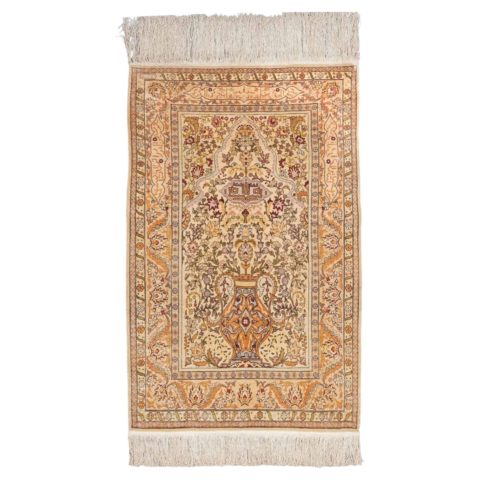 Antique Signed Hereke Silk Rug - Mid 20th Century