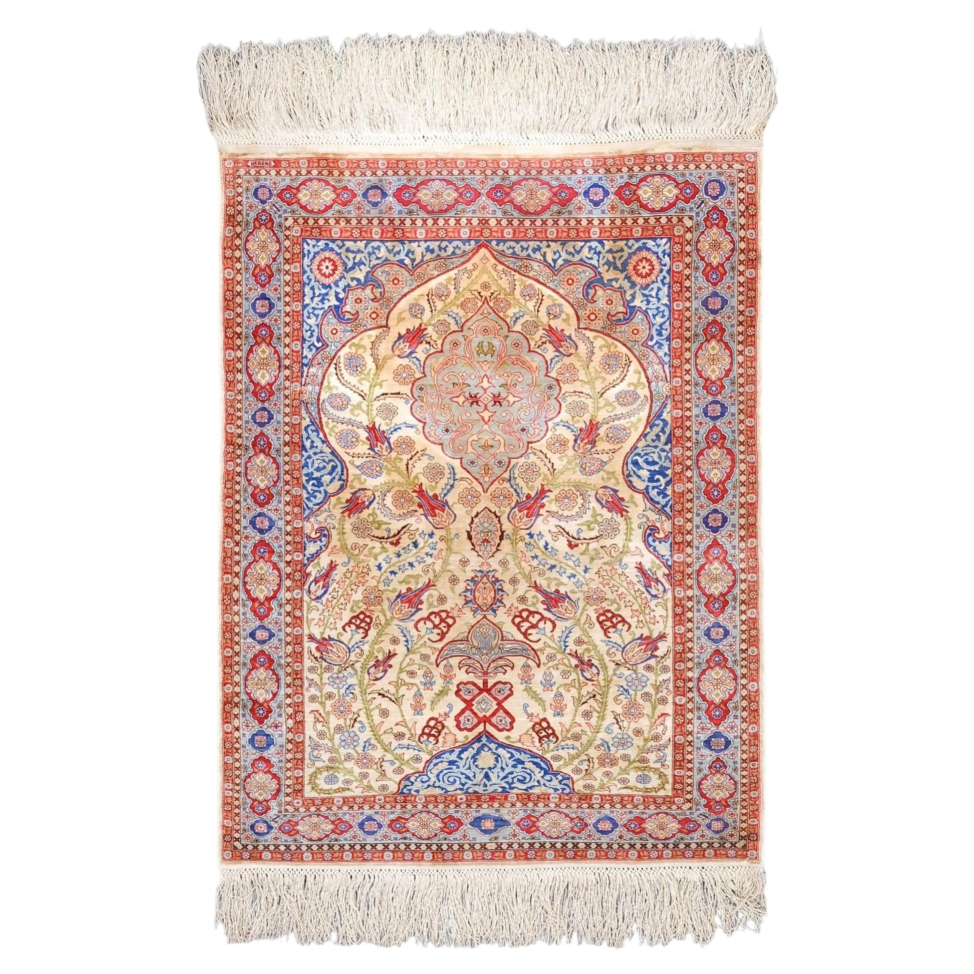 Signed Hereke Silk Rug - Mid 20th Century For Sale