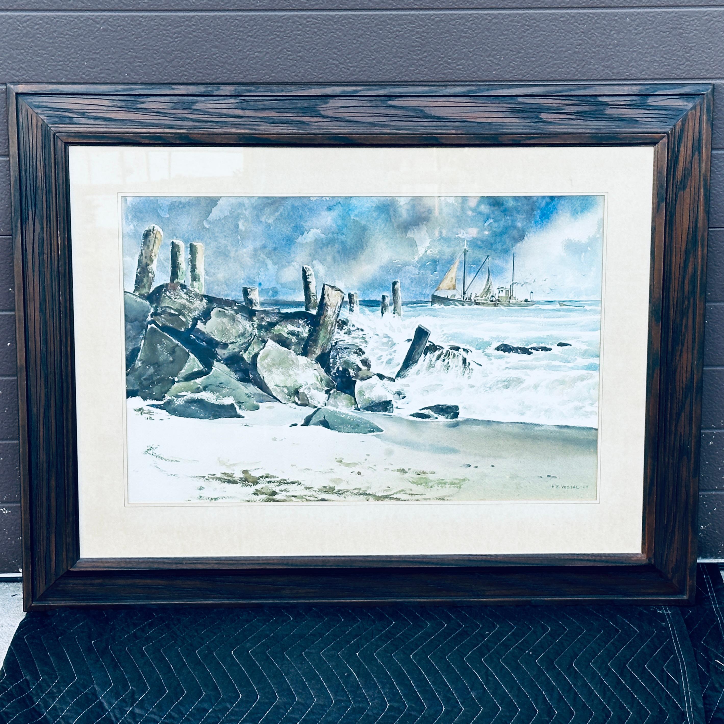 Signiert H.b. (Herman) Vestal Aquarell Malerei Nautical Seascape in Originalrahmen.
Bildgröße im Passepartout 27