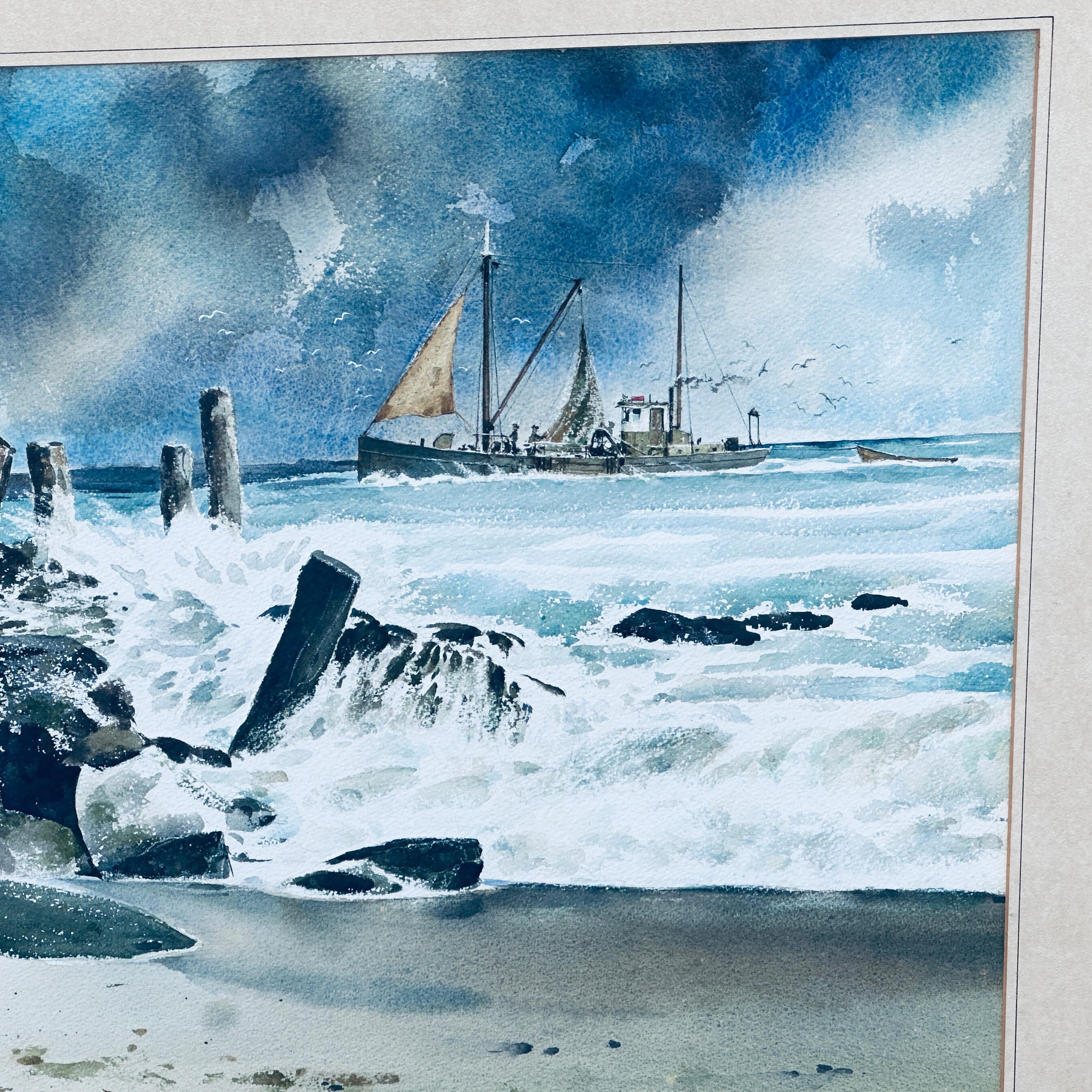 Signiert Herman H.b. Vestal (1916-2007) Aquarellgemälde Nautische Meereslandschaft, signiert (Holz) im Angebot