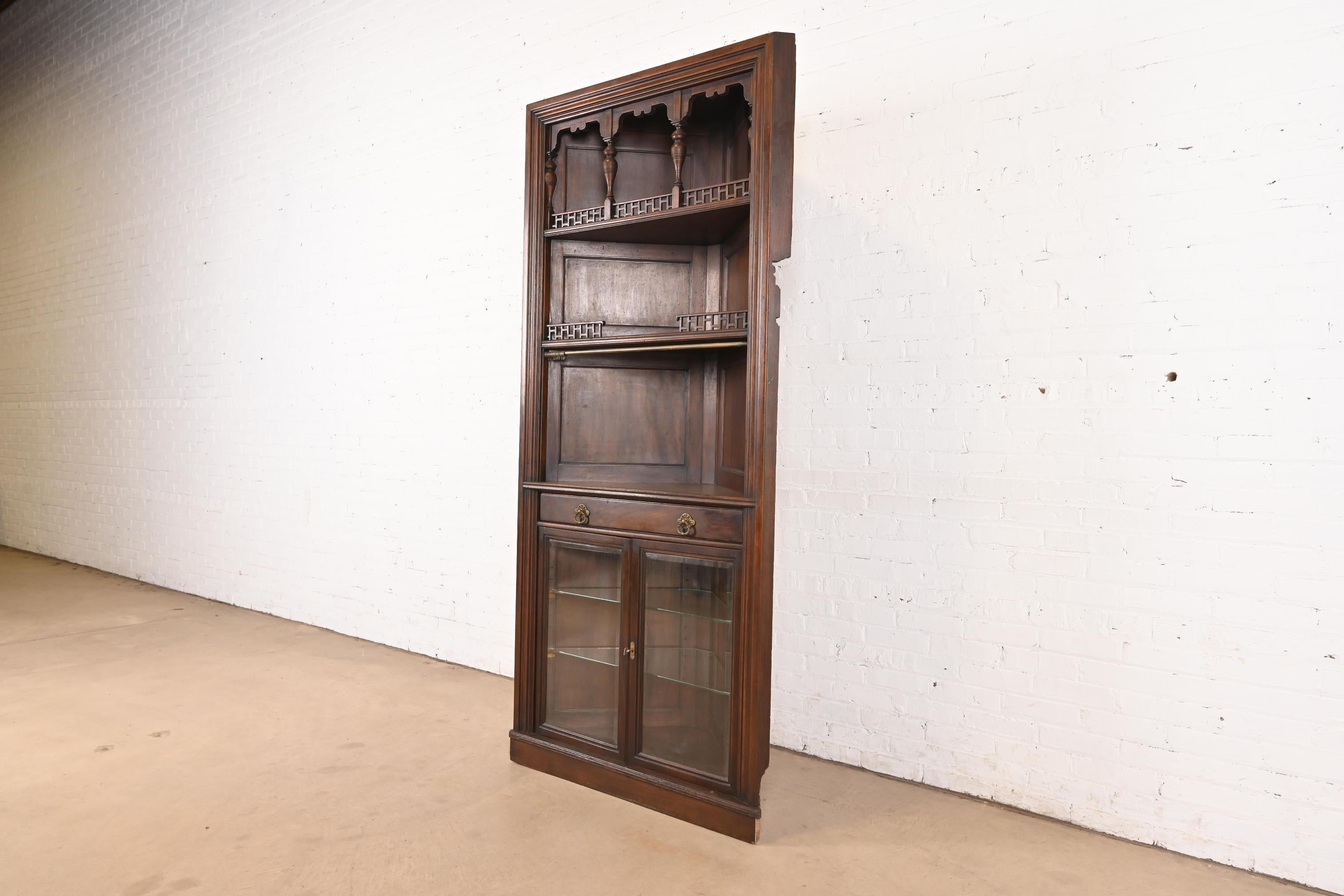 American Signed Herter Brothers Eastlake Victorian Carved Mahogany Corner Cabinet For Sale