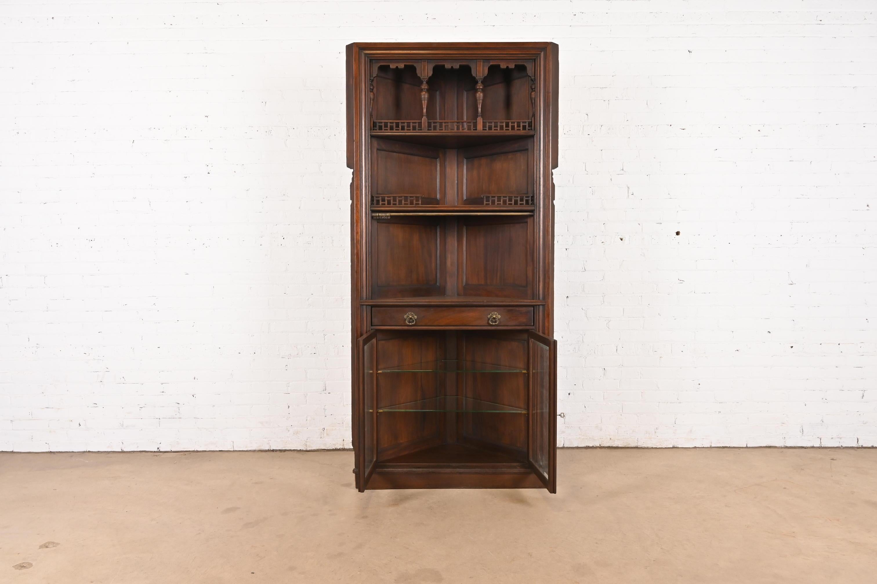 Signed Herter Brothers Eastlake Victorian Carved Mahogany Corner Cabinet In Good Condition For Sale In South Bend, IN