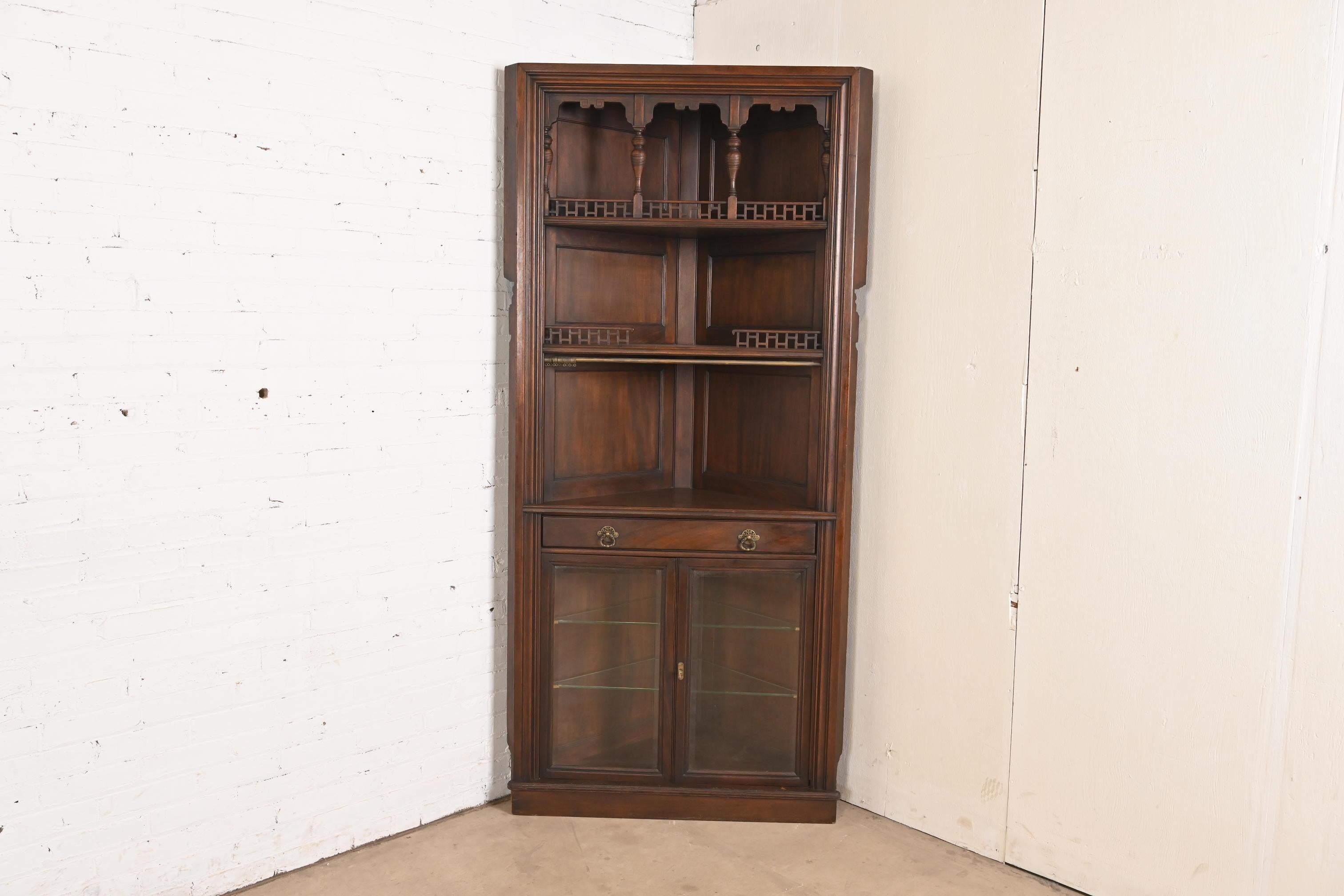 19th Century Signed Herter Brothers Eastlake Victorian Carved Mahogany Corner Cabinet For Sale
