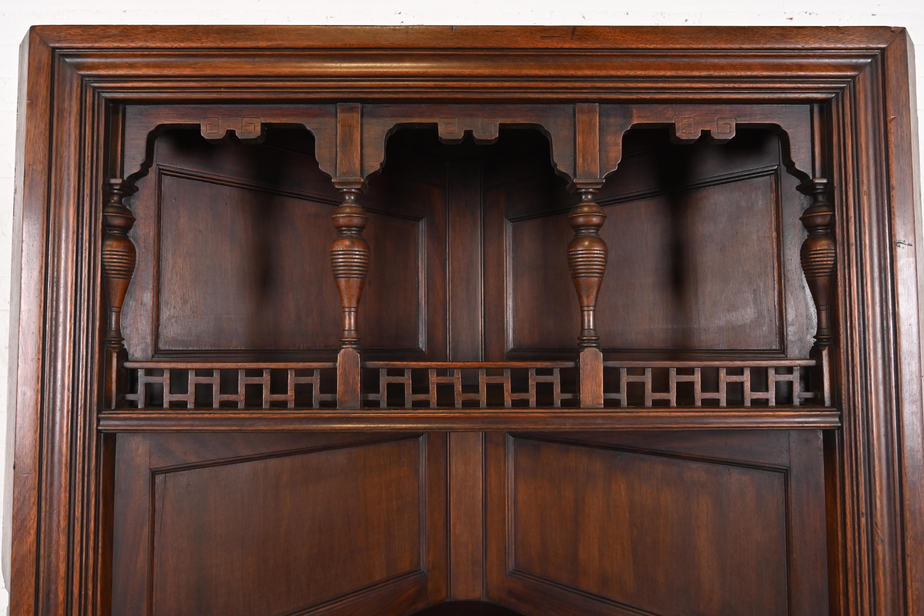 Brass Signed Herter Brothers Eastlake Victorian Carved Mahogany Corner Cabinet For Sale
