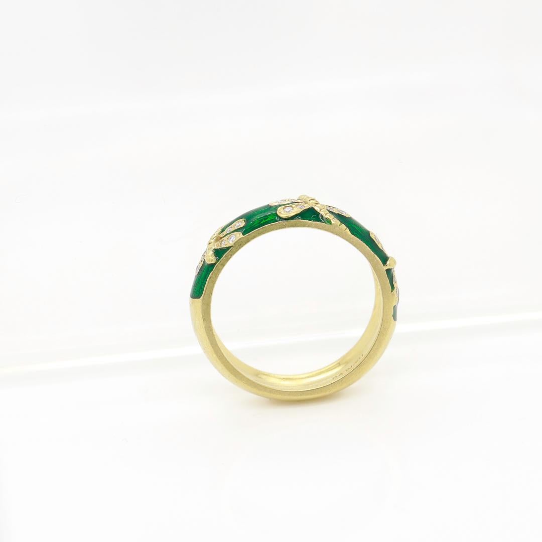 Signed Hidalgo 18K Gold, Green Enamel, and Diamond Dragonfly Band Ring For Sale 4