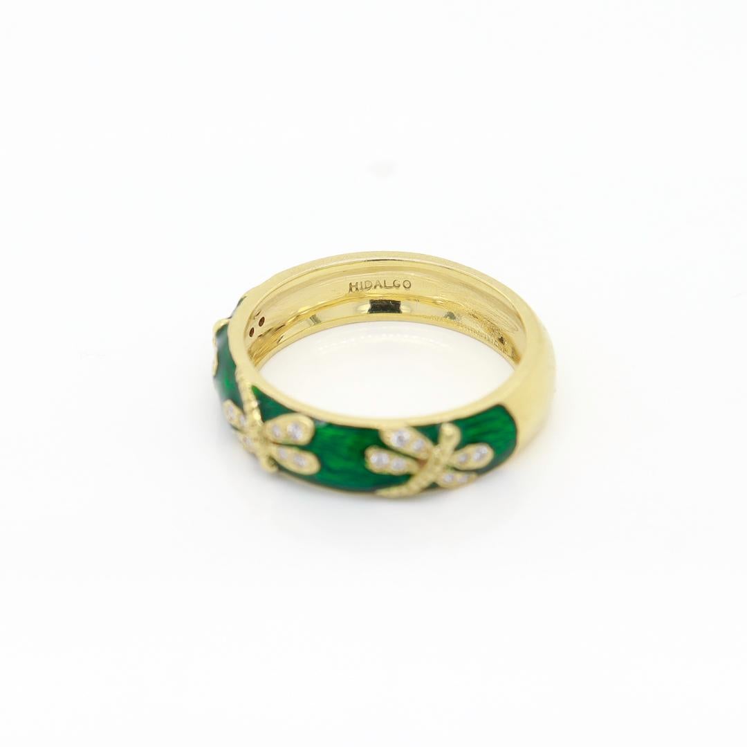 Signed Hidalgo 18K Gold, Green Enamel, and Diamond Dragonfly Band Ring For Sale 5