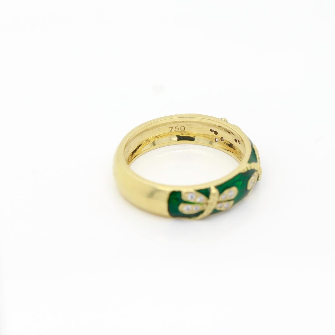 Signed Hidalgo 18K Gold, Green Enamel, and Diamond Dragonfly Band Ring For Sale 6