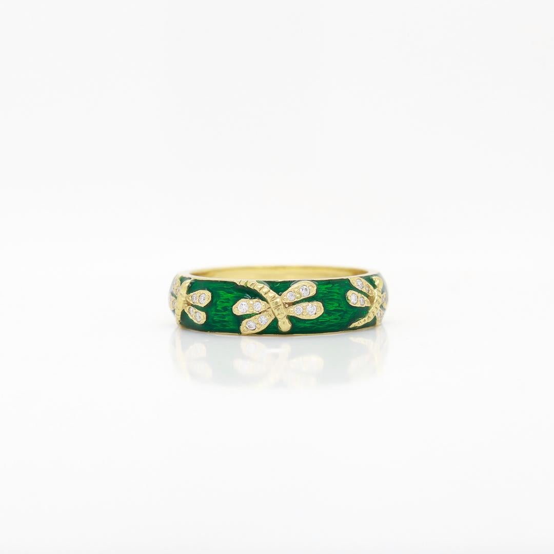 Modern Signed Hidalgo 18K Gold, Green Enamel, and Diamond Dragonfly Band Ring For Sale