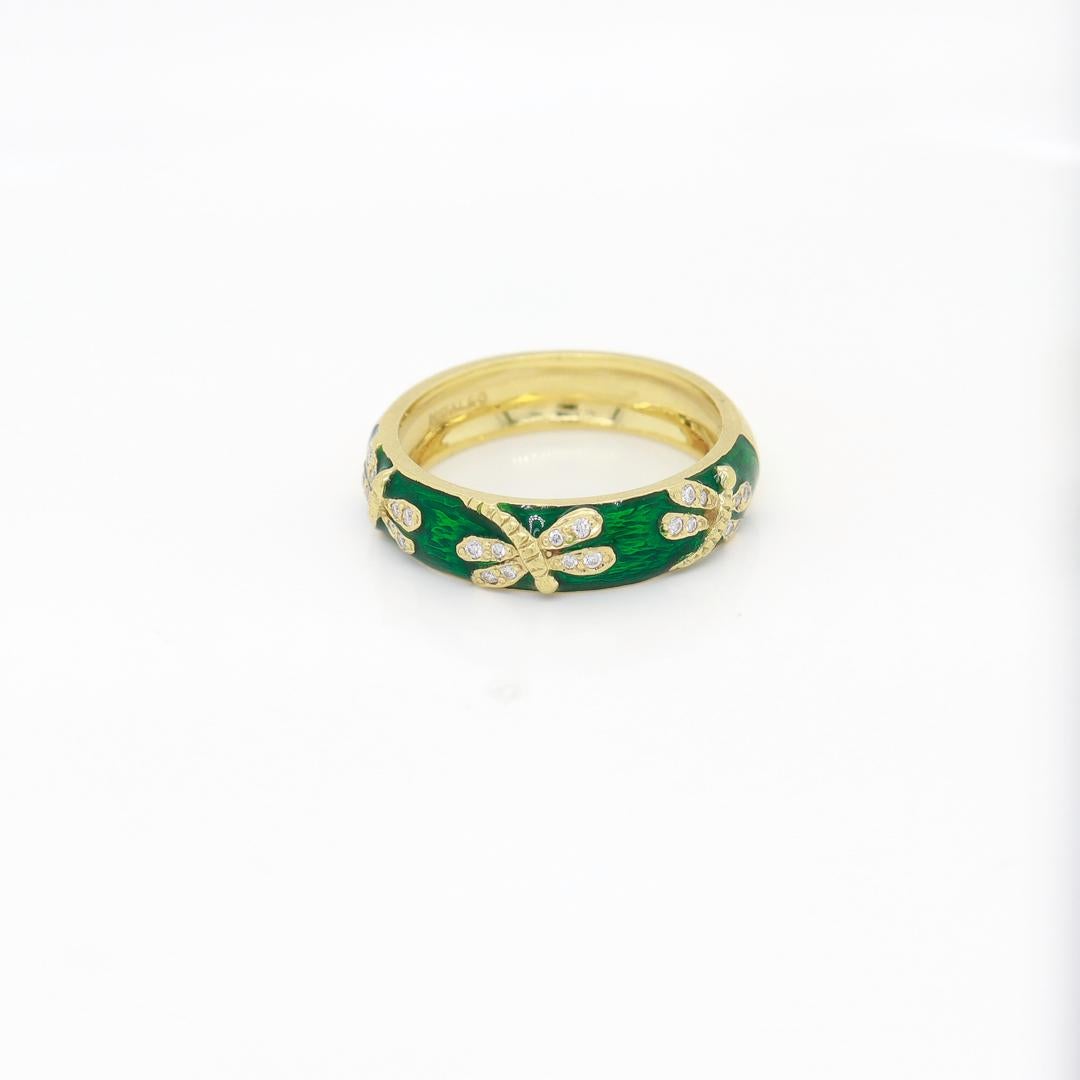 Round Cut Signed Hidalgo 18K Gold, Green Enamel, and Diamond Dragonfly Band Ring For Sale