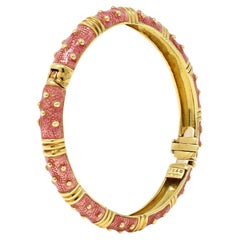 Signed Hidalgo 18K Yellow Gold & Pink Enamel Bangle Bracelet