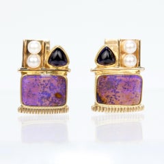 Signed High Karat Gold Memphis School Opal, Amethyst, & Pearl Cufflinks