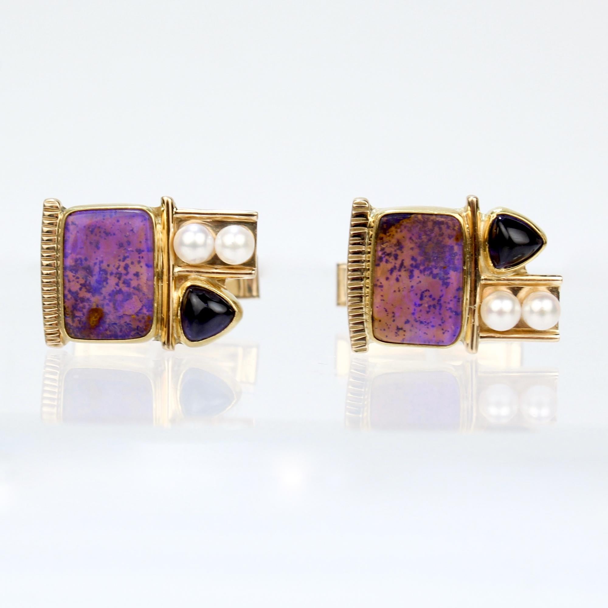 Modernist Signed High Karat Gold Memphis School Opal, Amethyst, & Pearl Cufflinks For Sale