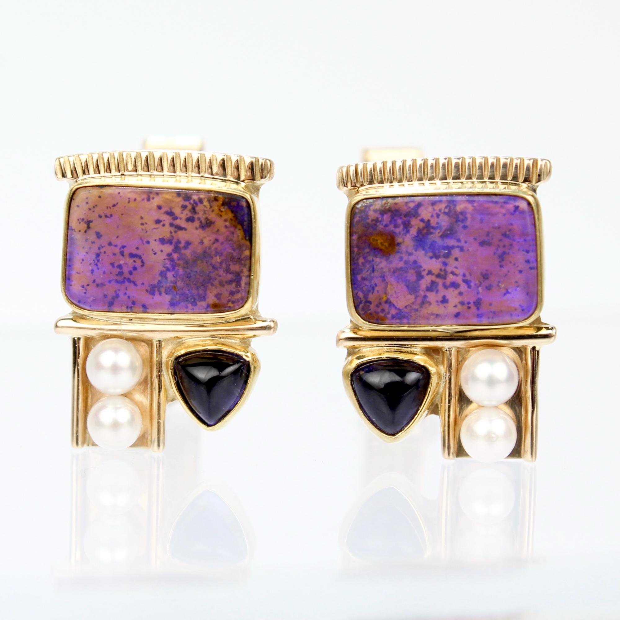 Round Cut Signed High Karat Gold Memphis School Opal, Amethyst, & Pearl Cufflinks For Sale