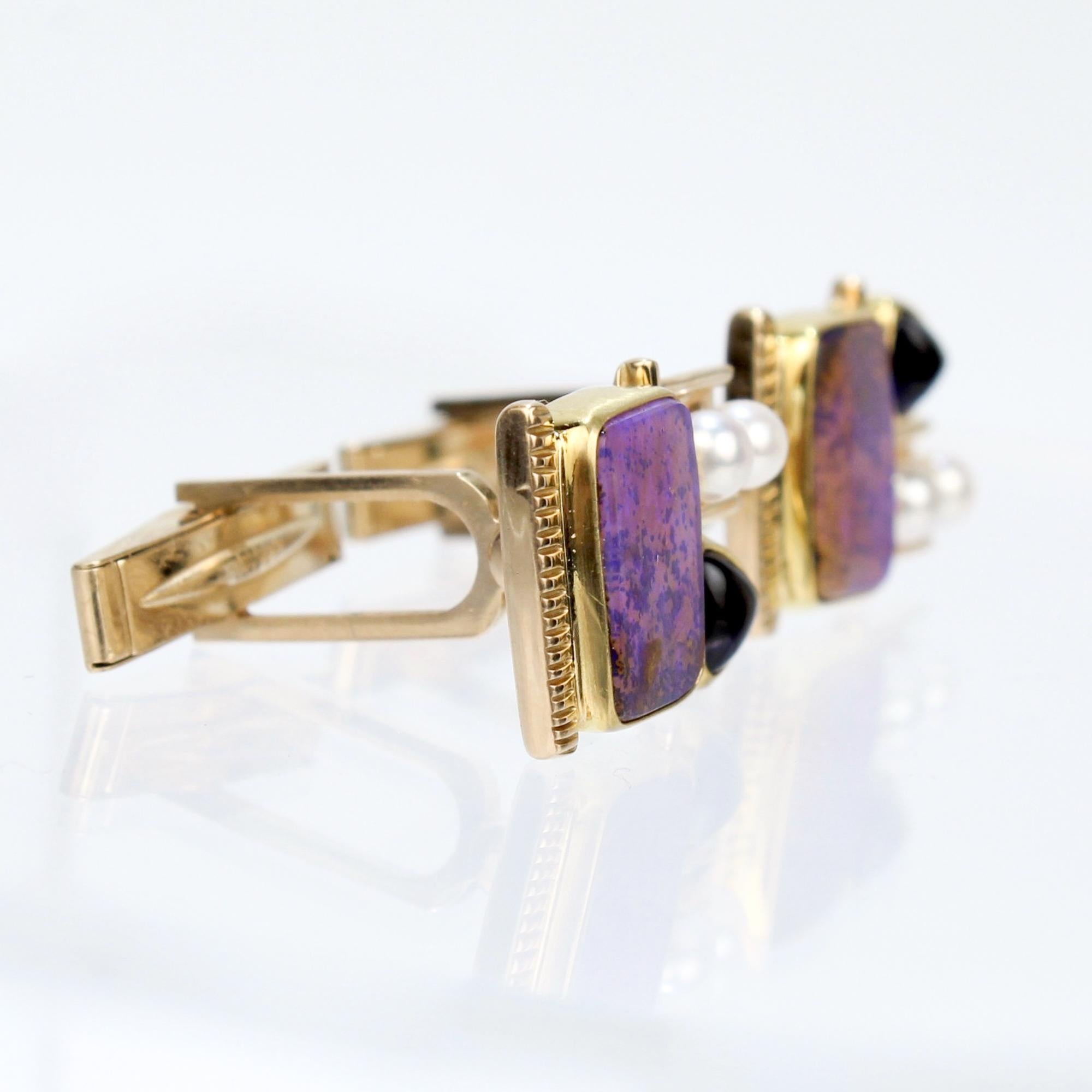 Signed High Karat Gold Memphis School Opal, Amethyst, & Pearl Cufflinks In Good Condition For Sale In Philadelphia, PA