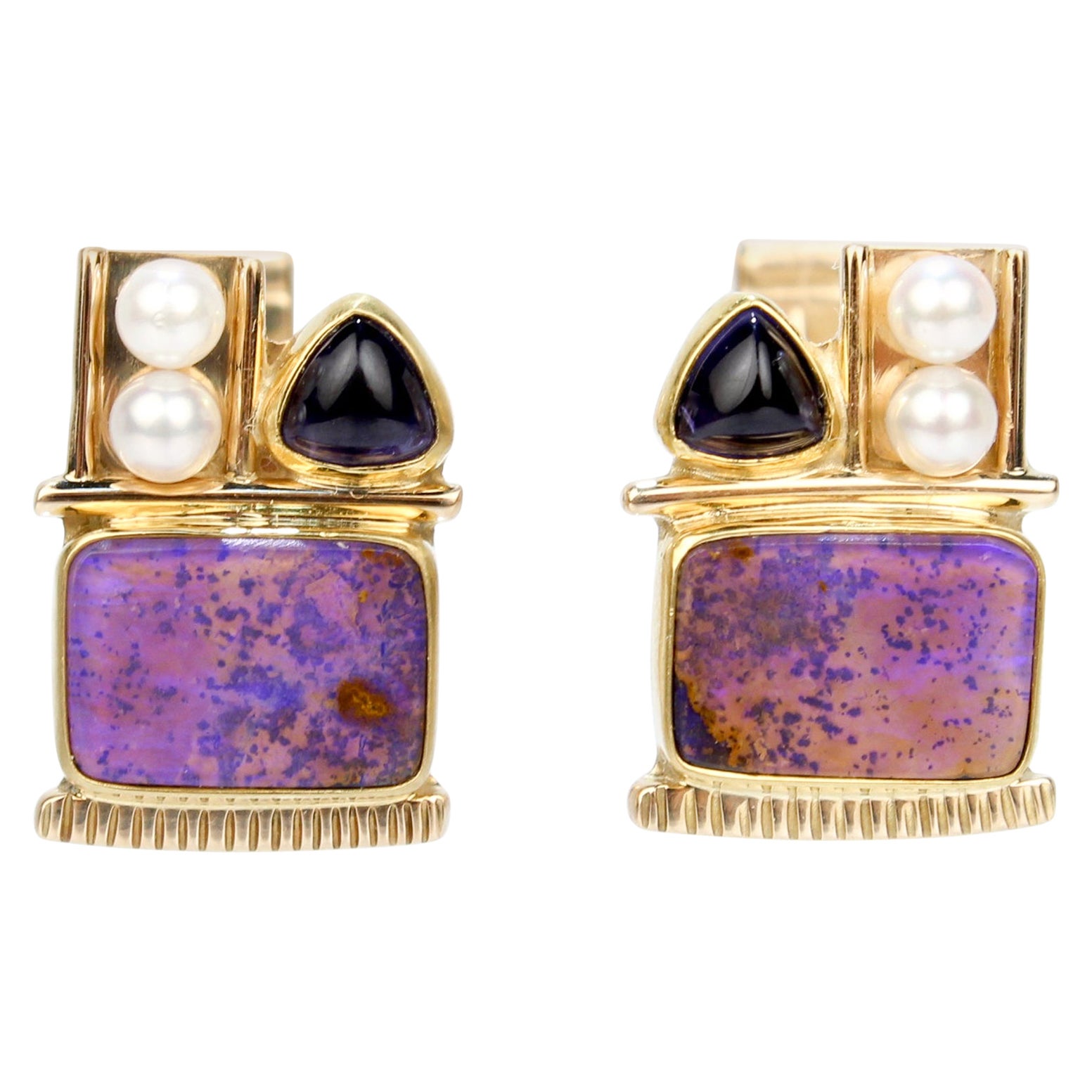 Signed High Karat Gold Memphis School Opal, Amethyst, & Pearl Cufflinks For Sale