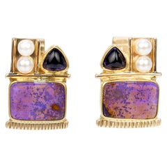 Boutons de manchette signés en or fin Memphis School Opal, Amethyst, & Pearl