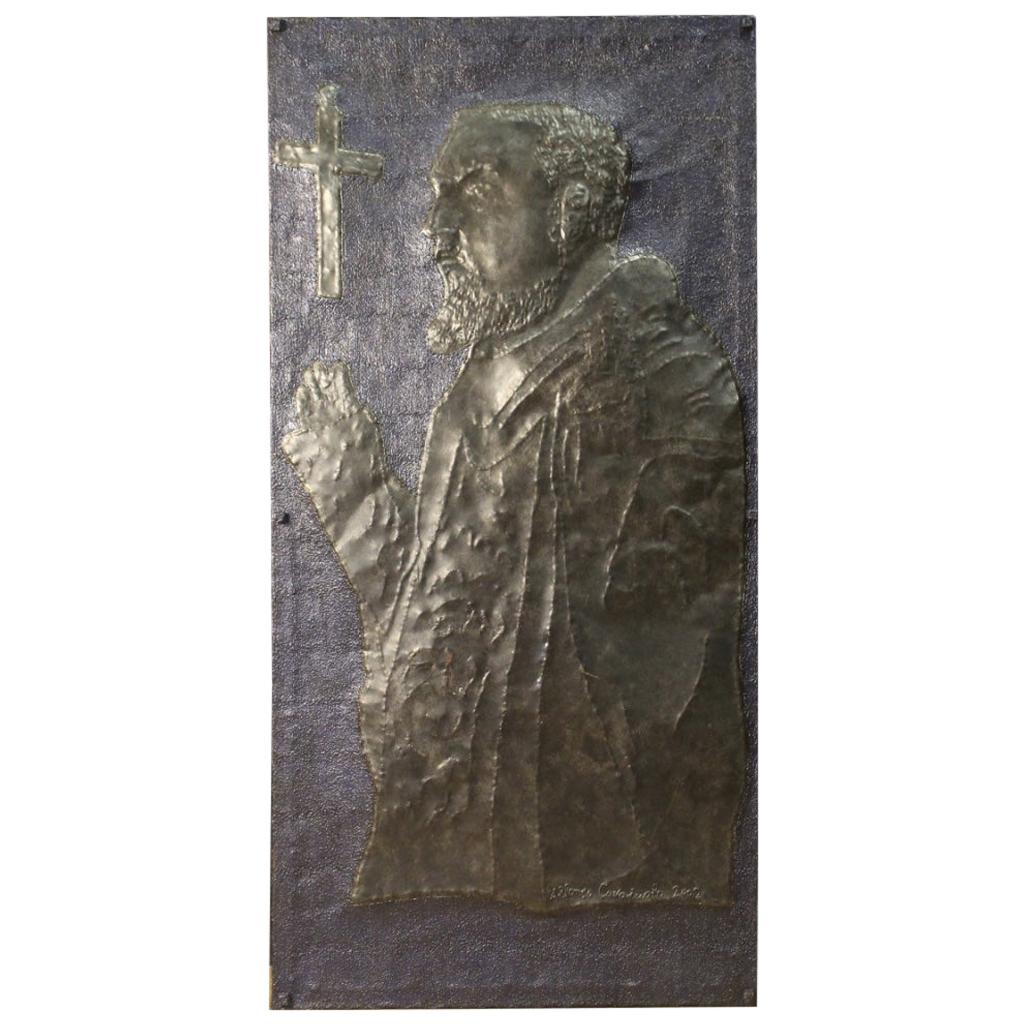 Signed High Relief Sculpture in Painted Metal Depicting Padre Pio, 20th Century For Sale