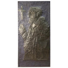 Signed High Relief Sculpture in Painted Metal Depicting Padre Pio, 20th Century