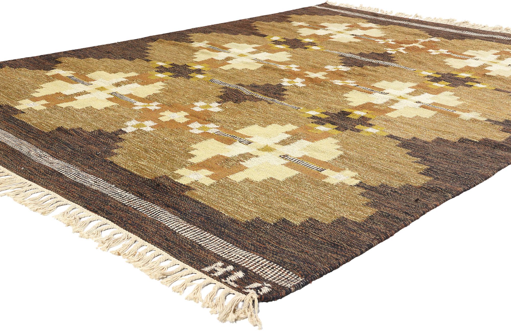 78834 Signed HLO Kullaberg Vintage Swedish Rollakan Rug, 06'06 x 09'03. The vintage Swedish rollakan rug named 