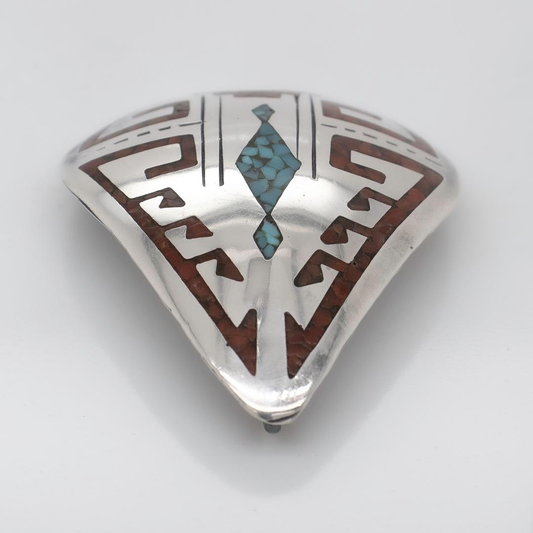 Signed HMIJ Ortega Shop Navajo Silver, Turquoise, & Coral Necklace Pendant In Good Condition For Sale In Philadelphia, PA