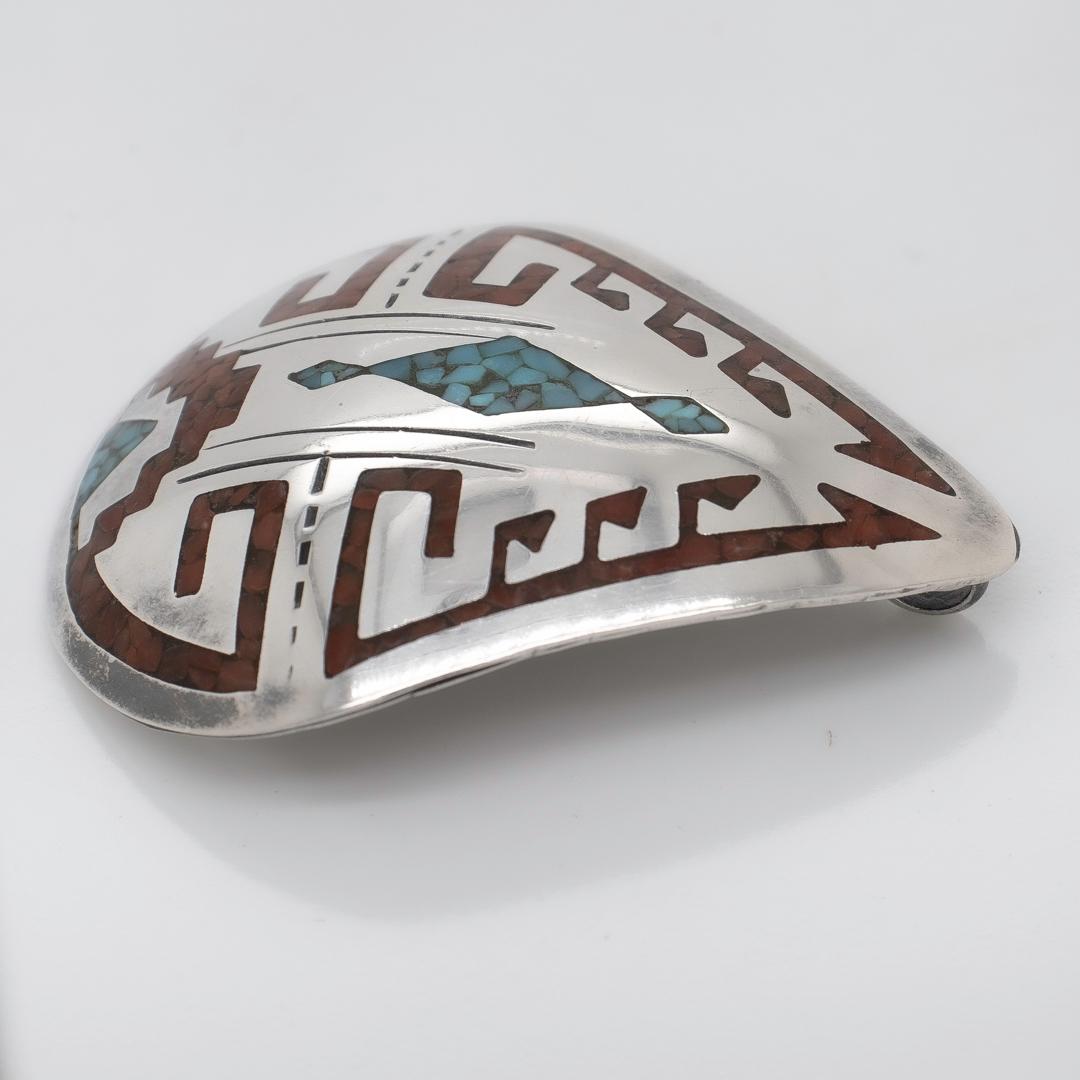 Women's or Men's Signed HMIJ Ortega Shop Navajo Silver, Turquoise, & Coral Necklace Pendant For Sale
