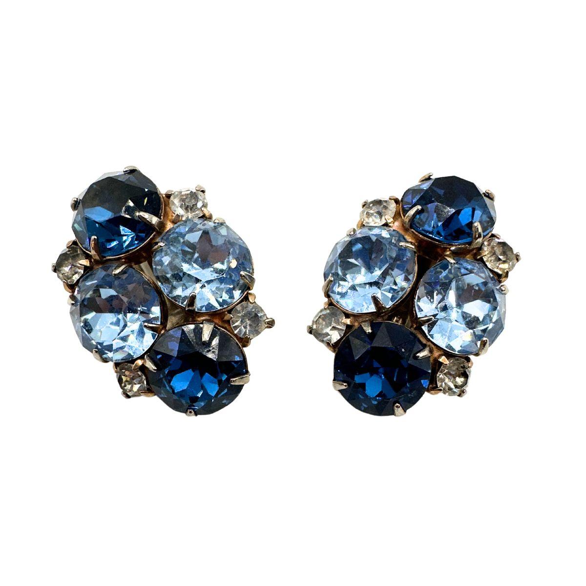 Art Deco Signed Hobe Vintage Cobalt Blue and Light Blue Glass Bracelet and Earrings Set For Sale
