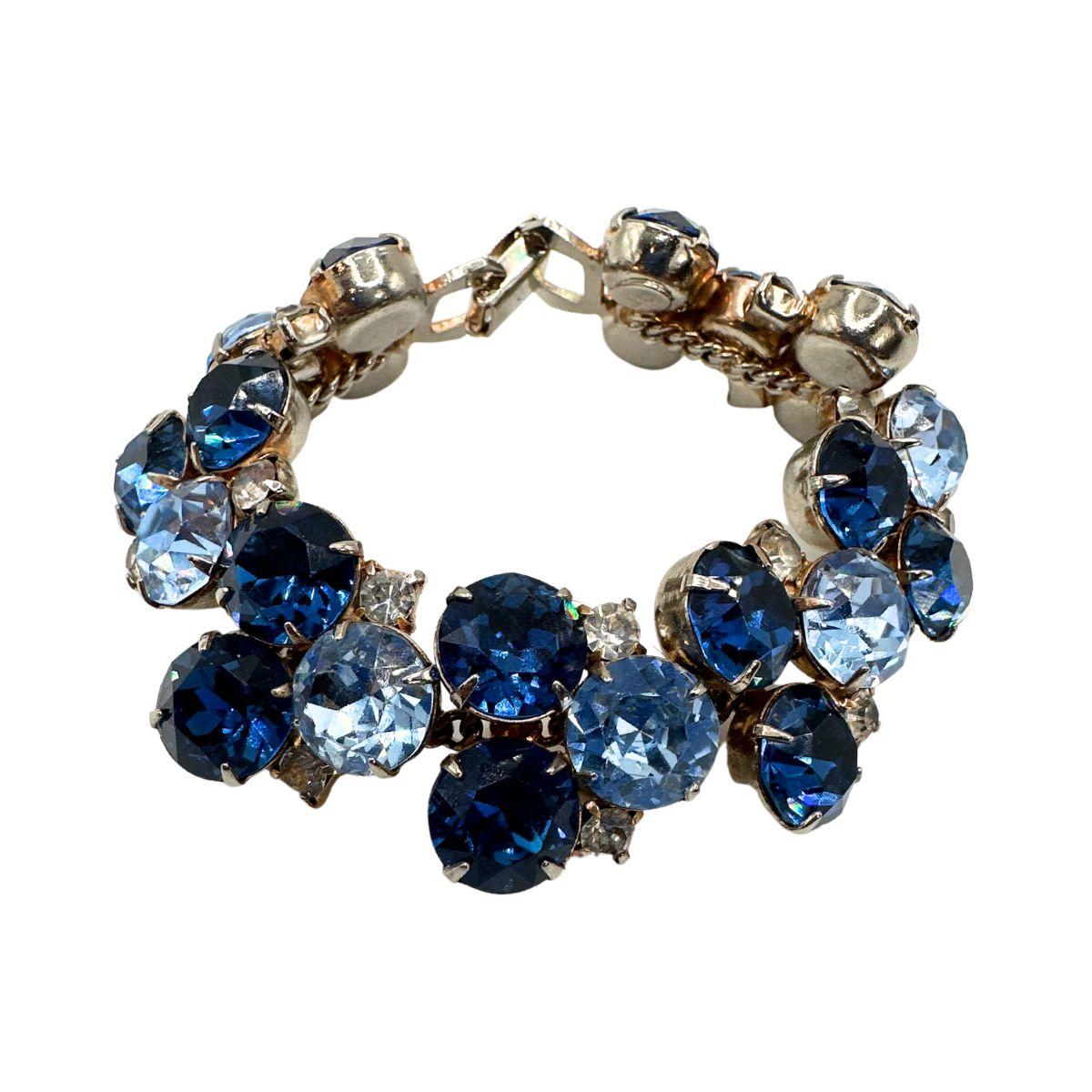 Art Deco Signed Hobe Vintage Cobalt Blue and Light Blue Glass Bracelet and Earrings Set For Sale