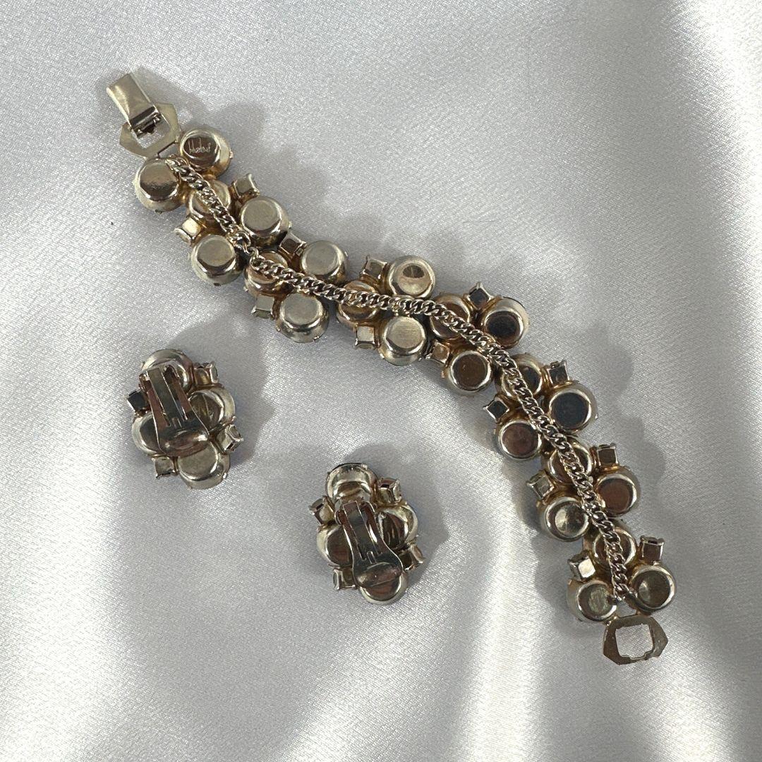 Signed Hobe Vintage Cobalt Blue and Light Blue Glass Bracelet and Earrings Set For Sale 2
