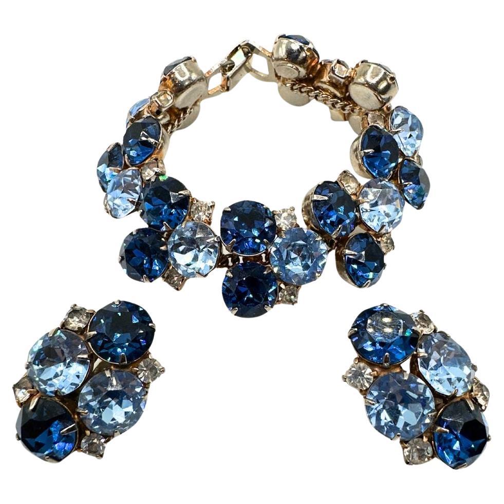 Signed Hobe Vintage Cobalt Blue and Light Blue Glass Bracelet and Earrings Set For Sale