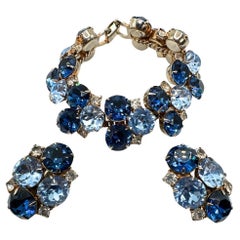 Signed Hobe Vintage Cobalt Blue and Light Blue Glass Bracelet and Earrings Set