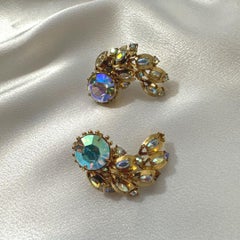 Signed Hollycraft Coper Antique Rhinestone Gold Tone Clip on Earrings Year 1855