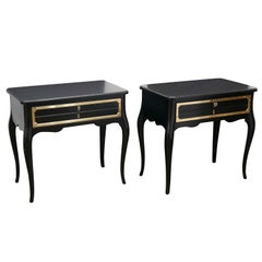Signed Hollywood Regency Grosfeld House Black Lacquer & Brass Side Tables, Pair