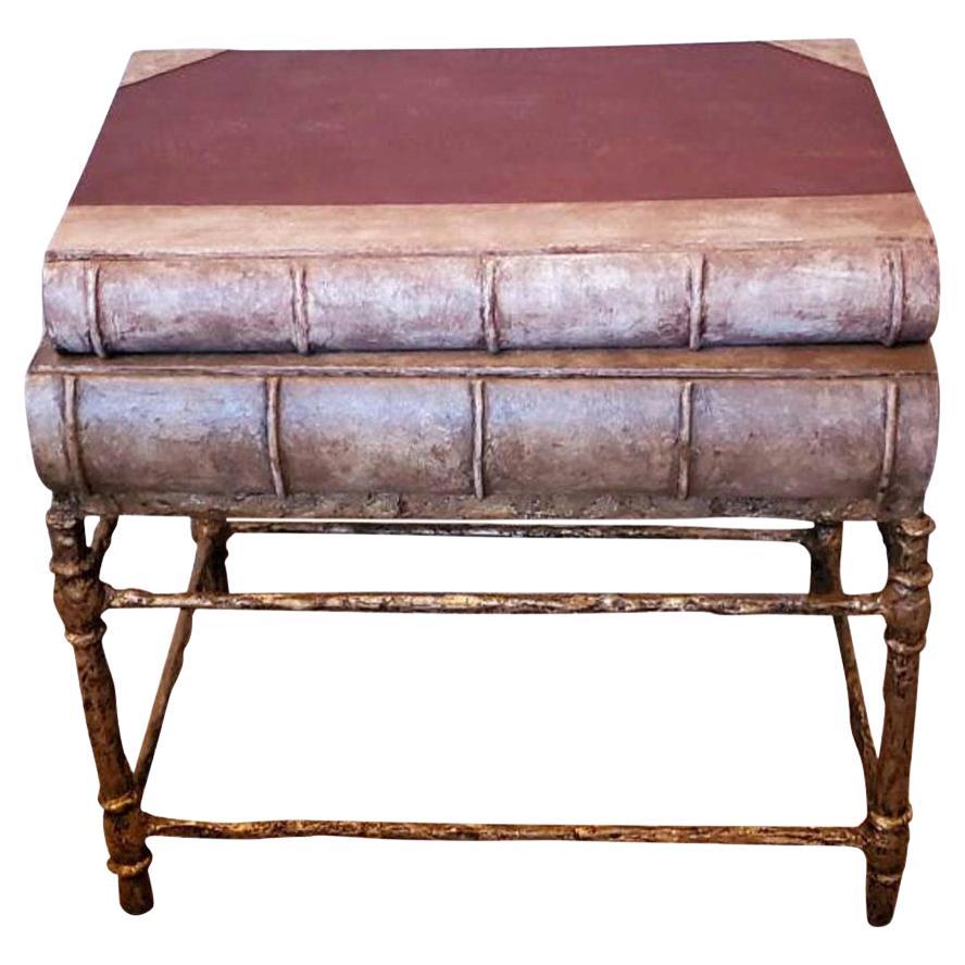 Signed Horacio Acuña Spanish Faux Stacked Books Gilt Bronze Side Table For Sale