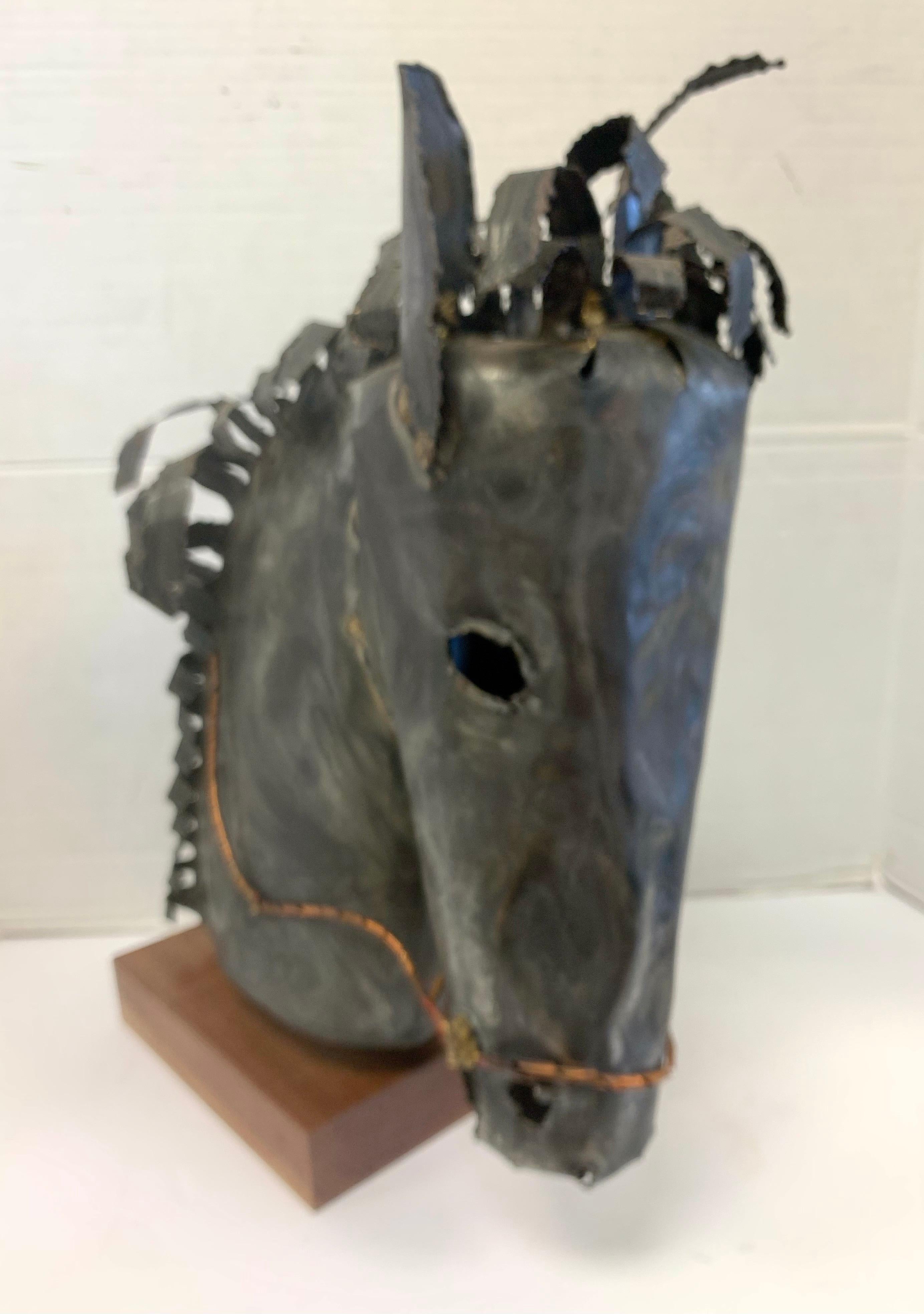Rare signed horse sculpture by DeGroot. Iconic Brutalist design. Displayed on the wood plinth base. Now, more than ever, home is where the heart is.