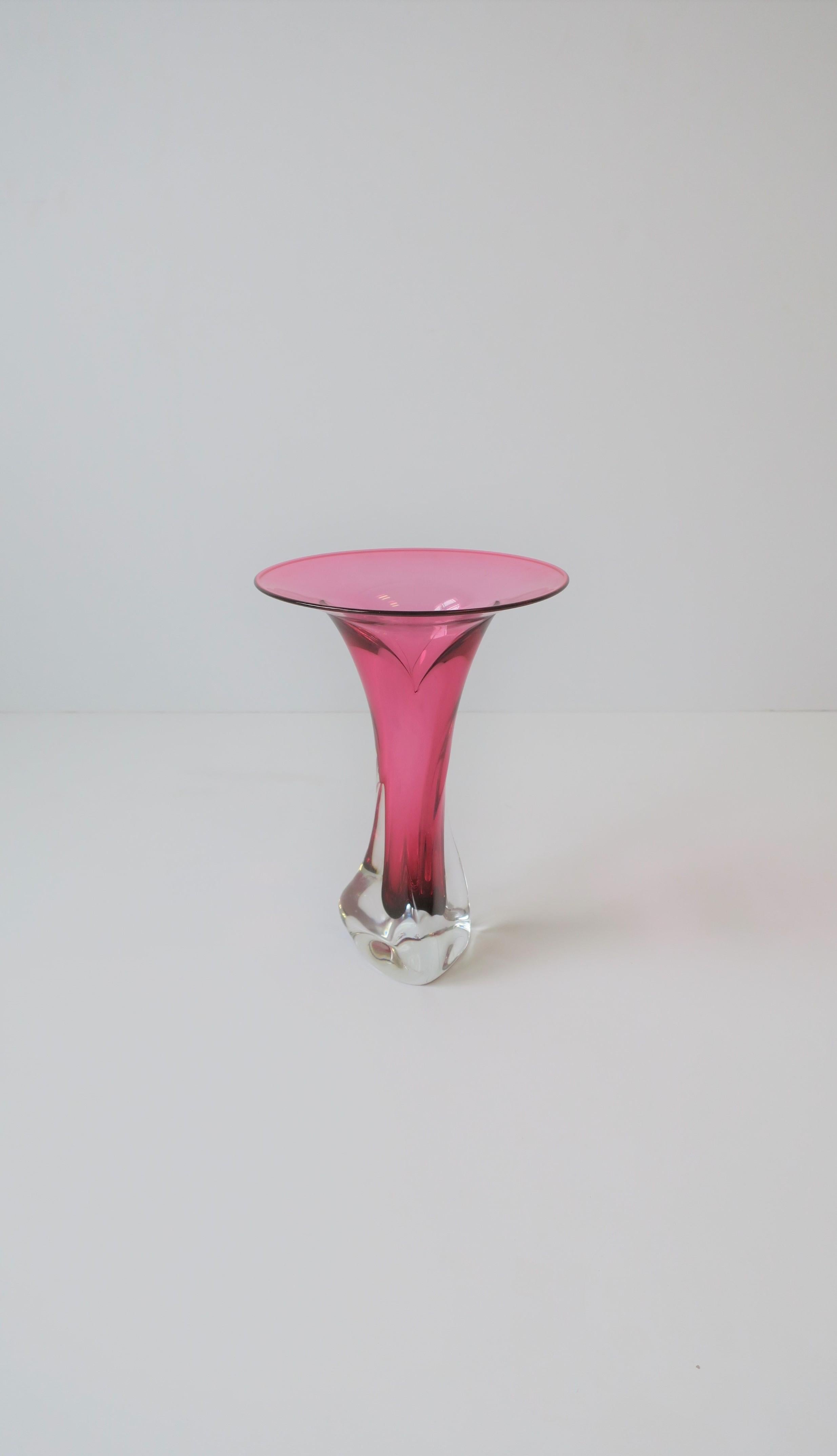 Hot Pink and Clear Signed Art Glass Vase, ca. 1990s 3